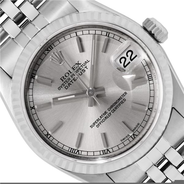 Rolex Ladies Midsize 31MM Silver Index 18K White Gold Fluted Bezel Datejust