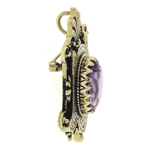 Vintage Victorian Revival Yellow Gold Oval Amethyst Pin Brooch Pendant