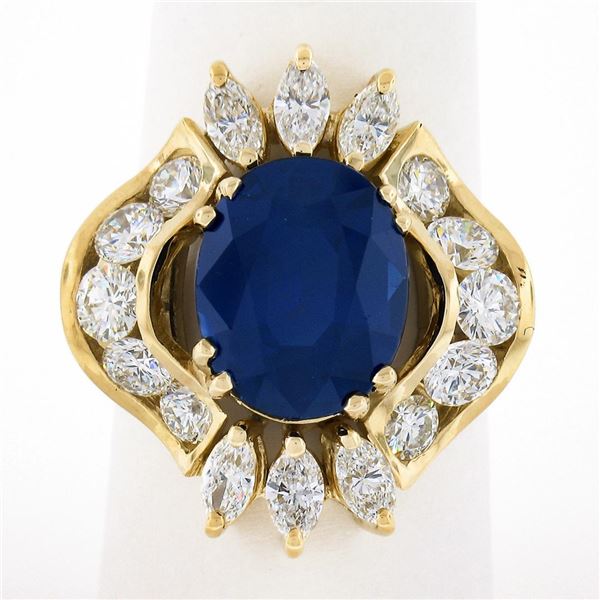 18K Gold 7.72 ctw GIA Large Oval Sapphire w/ Round Marquise Diamond Cocktail Rin