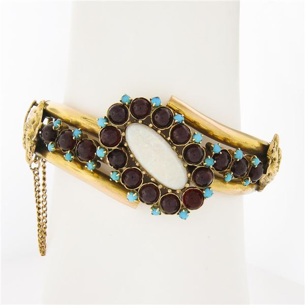 Handmade 14k Gold 7" Opal Garnets & Turquoise Tube Hinged Open Bangle Bracelet