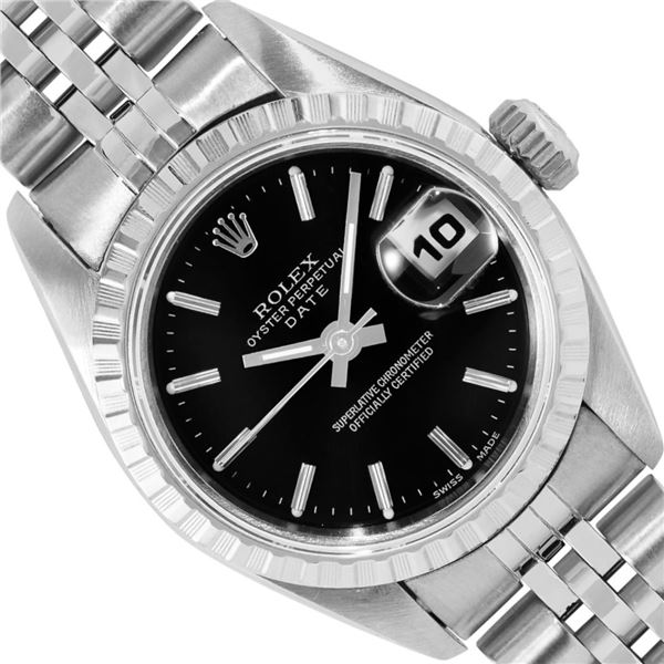 Rolex Ladies Stainless Steel Black Index Dial Engine Turn Bezel Jubilee Band Dat