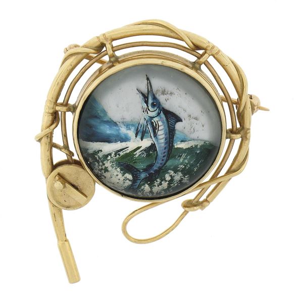 14k Gold Reverse Painted Marlin Fish Intaglio w/ Fishing Pole Frame Pin Brooch