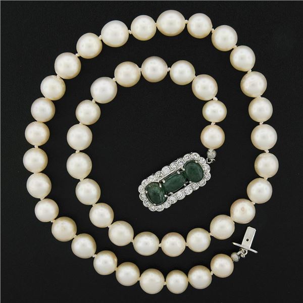 Vintage 17.5" Cultured Pearl Strand Necklace w/ 18k Gold Emerald & Diamond Clasp
