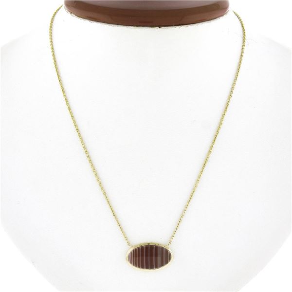 New 14k Yellow Gold Oval Orange Banded Agate Pendant Adjustable Chain Necklace