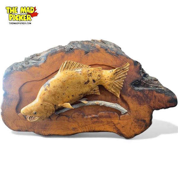 Carved Burl Fish On Live Edge Wood Plaque
