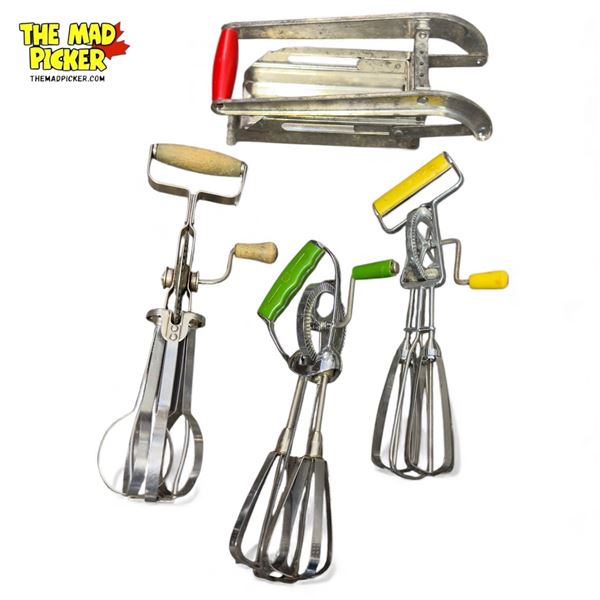 Assorted Vintage Hand Cranked Whisks & French Fry Cutter