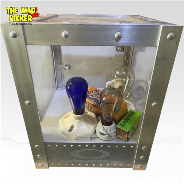 Retro Metal Oakley Countertop Display Cabinet Full Of Old Light Fixtures
