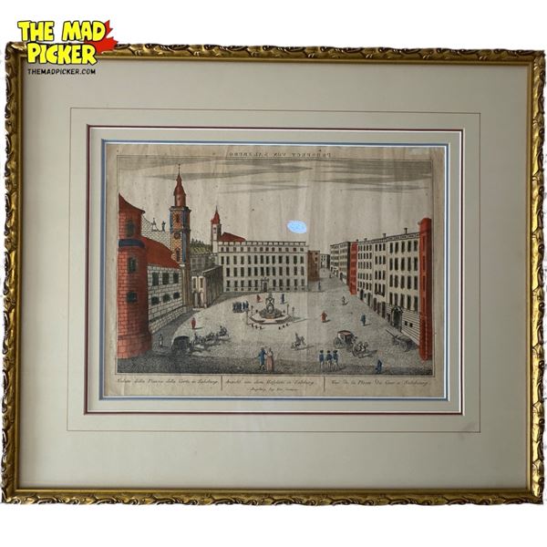 Framed Tinted Engraving of "Prospect von Salzburg" 18th Century View of Hofplatz