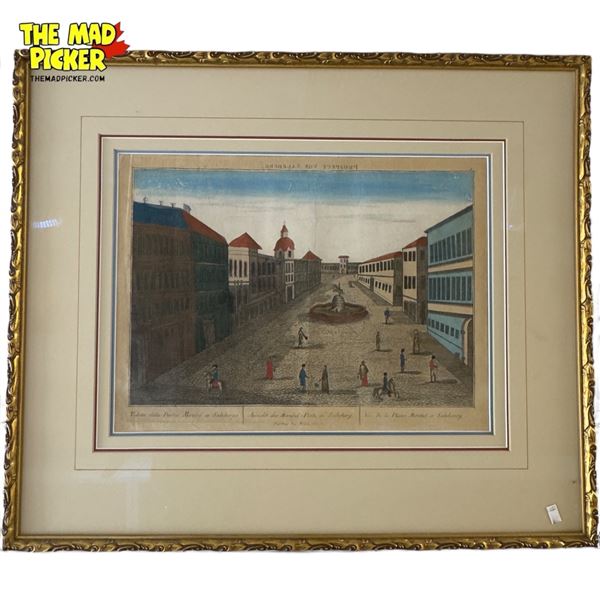 Framed Tinted Engraving of "Prospect von Salzburg" 18th-Century View of Mirabellplatz with Captions