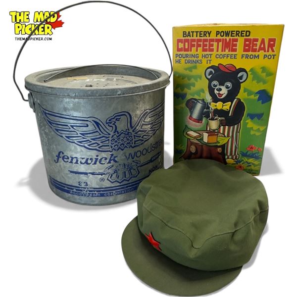 Fenwick Woodstream Tin, Copy Time Bear Box & Chinese Communist Hat