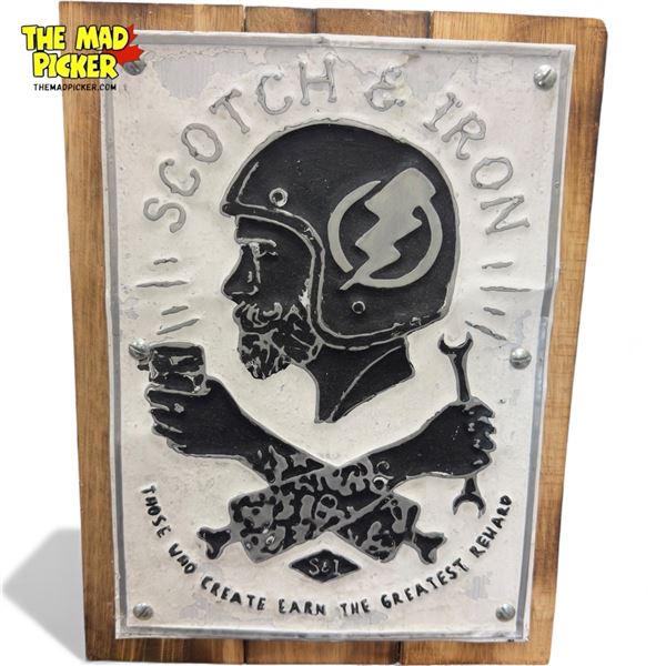 Metal Scotch And Iron Metal Sign Mounted On Board