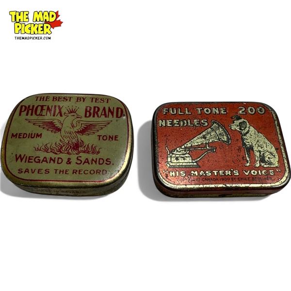 2 Vintage Gramophone Needle Tins, His Master'S Voice & Phoenix Brand