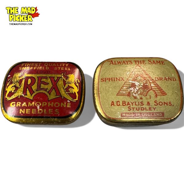 2 Vintage Gramophone Needle Tins, Sphinx Brand & Rex