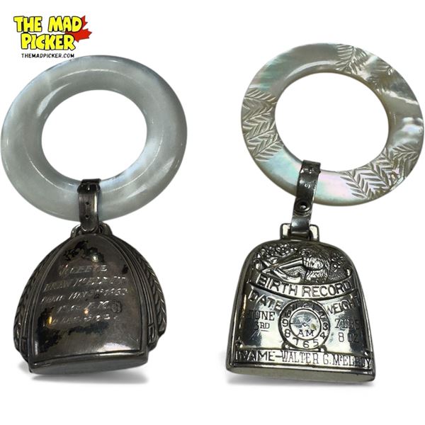 2 Vintage Sterling Silver Birth Records With Abalone Rings