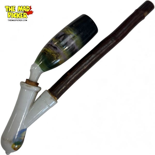 Vintage Smoking Pipe With Porcelain Bowl & Hand Painted Hunting Scene