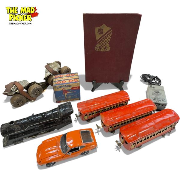 Box Full Of Vintage Collectibles, Tin Model Trains, Skates, Books, Etcâ€¦