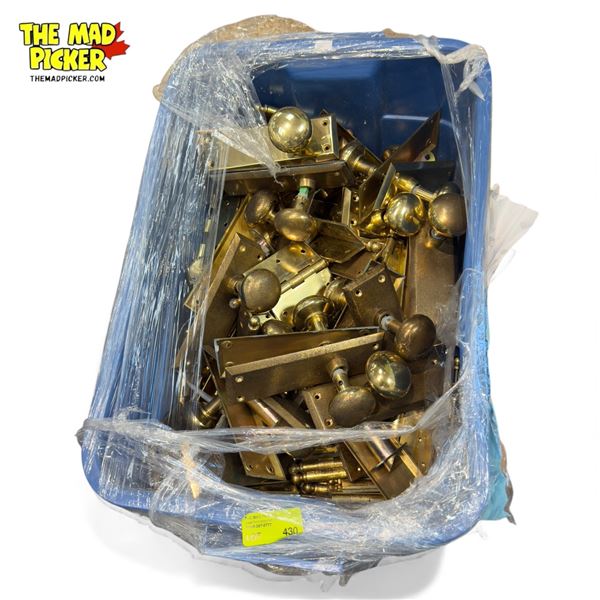 Tote Full Of Vintage Brass Door Knobs & Plates