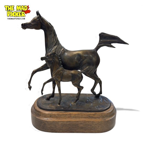 Bronze Arabian Horse With Foal On Wood Base, By Jill Mckinney