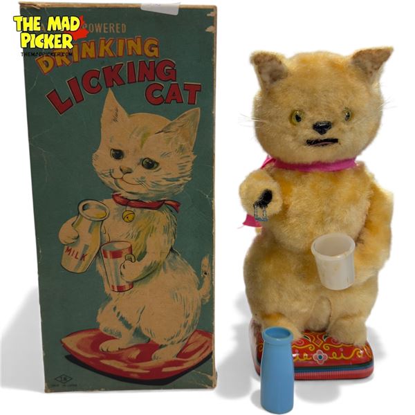 Vintage Battery Operated "Drinking Licking Cat", In Original Box