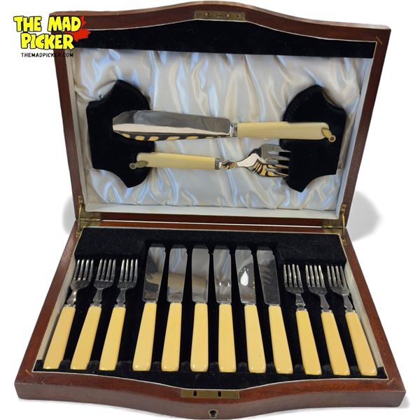 Vintage French Ivory Cutlery Set, In Original Case