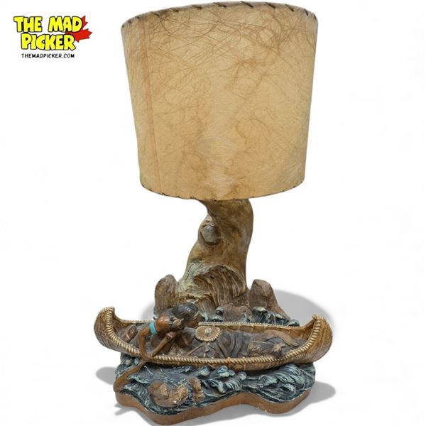 Vintage Chalkware First Nations Man In Canoe Lamp