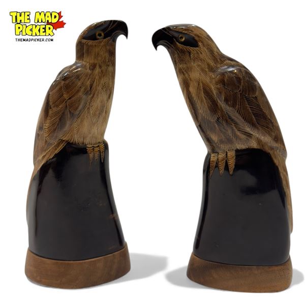 Pair Of Carved Horn Birds, On Wood Base