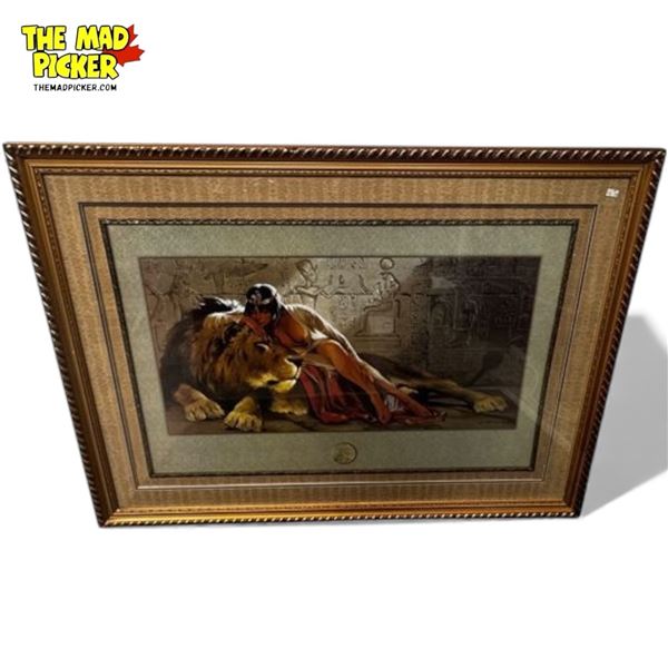 Large Framed Print Of Cleopatra With Lion, Signed By Artist