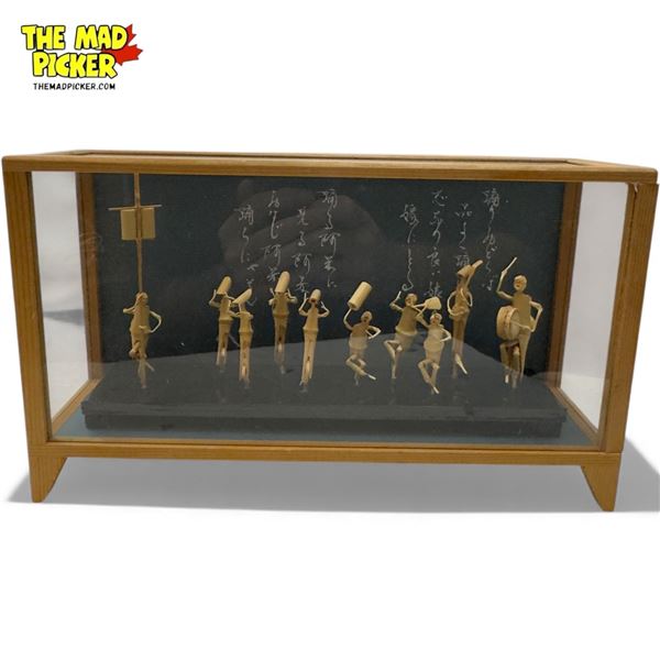 Vintage Japanese Dancing Figurine Diorama Made From Carved Bone, In Display Case