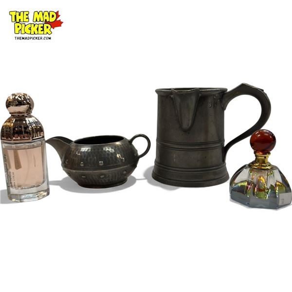 Pewter Stein & Creamer With 2 Glass Perfume Bottles