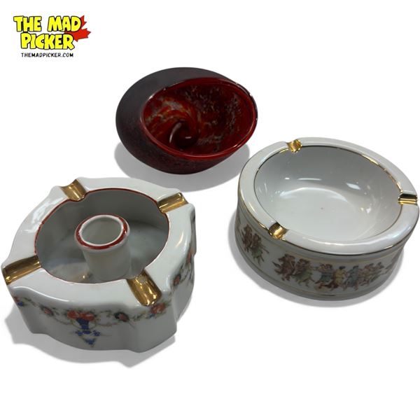 2 Porcelain Ashtrays & Hand Blown Art Glass Bowl