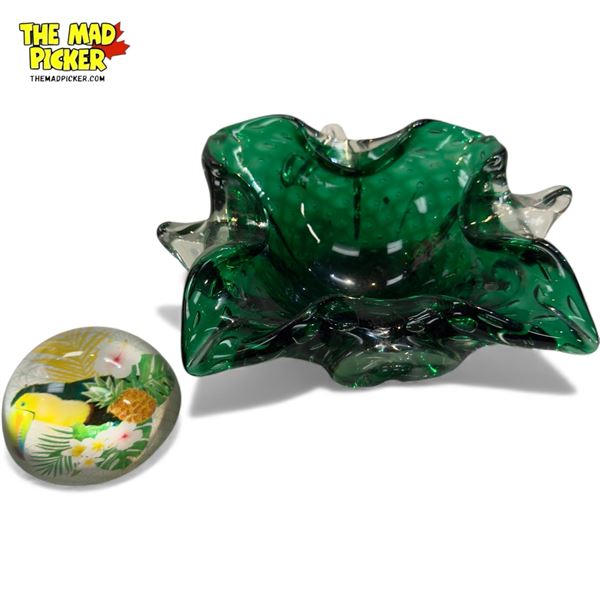 Vintage Hand Blown Art Glass Bowl & Tucan Glass Paperweight