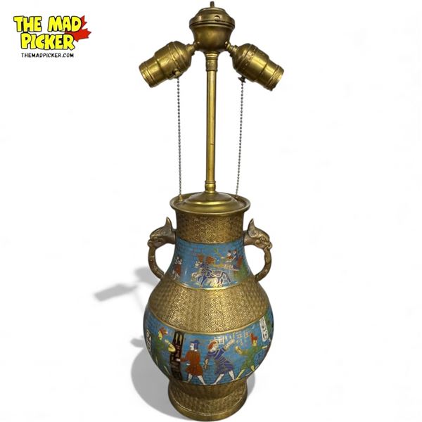Vintage Cloisonne Table Top Lamp With Asian Scenes