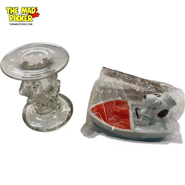 Glass Candlestick Holder & Snoopy Vinyl Toy In Original Packaging