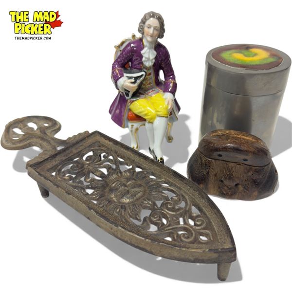 Assorted Vintage Collectibles, Porcelain Dresden Figurine, Ironing Stand, Carved Wood Container, Etc