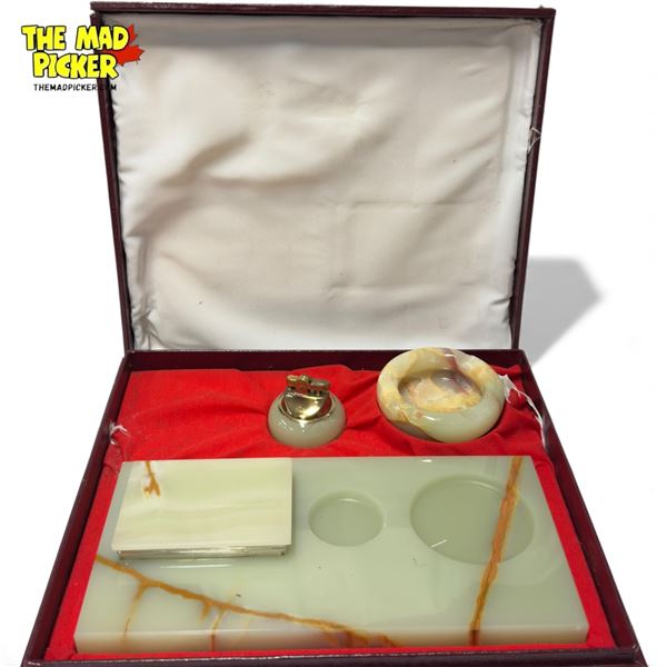 Vintage Onyx Smoking Set In Original Box, Lighter, Ashtray, Cigarette Box