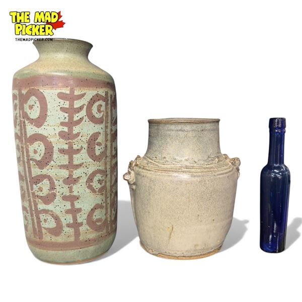 2 Vintage Stoneware Vases & Vintage Blue Bottle