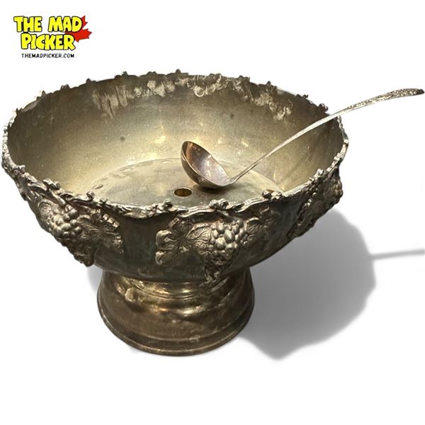 Large Vintage Silver Plate Embossed Punch Bowl With Ladle