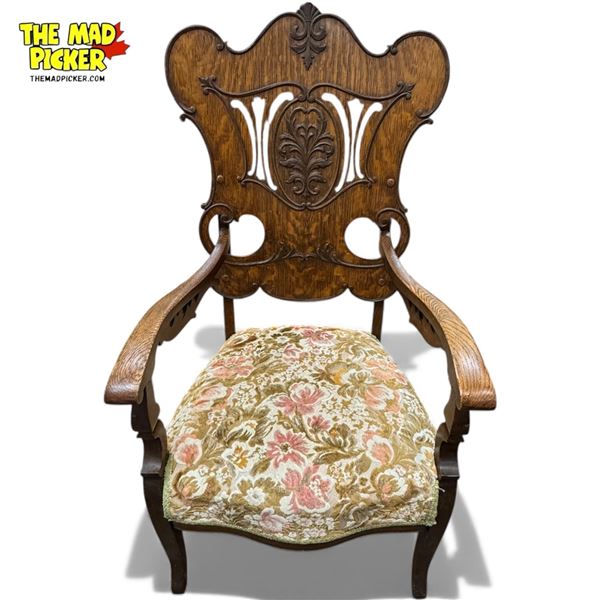 Vintage Carved Chair With Upholstered Seat