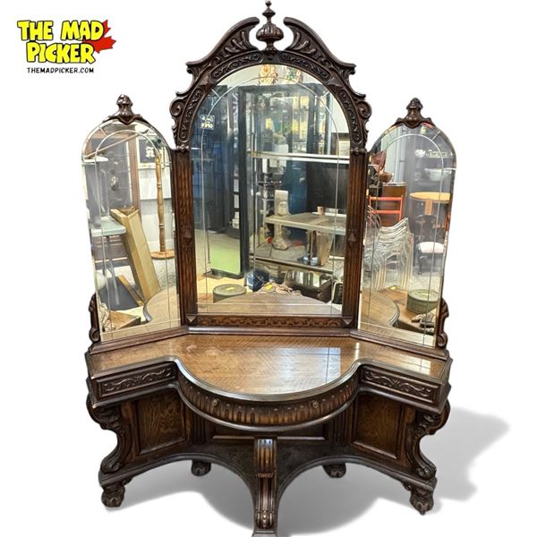 Vintage Triple Mirror Carved Oak Vanity