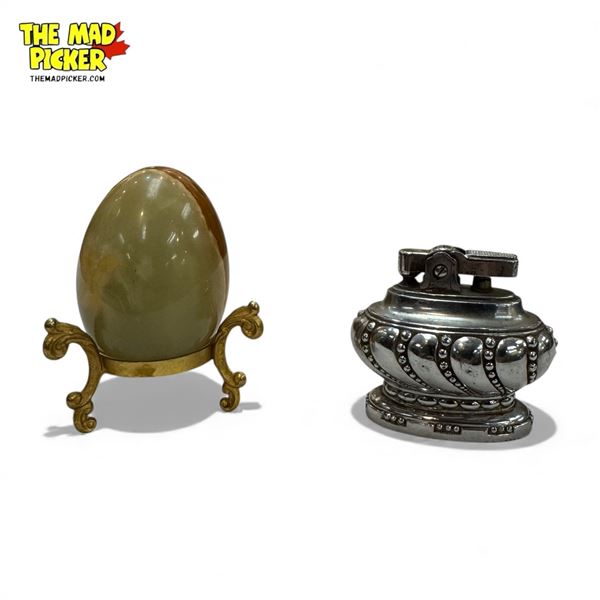 Vintage Table Lighter & Carved Agate Egg On Stand
