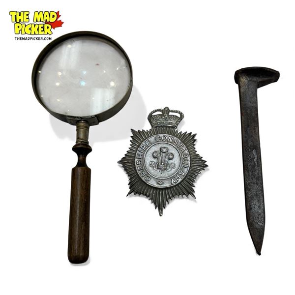 Vintage Railway Spike, Magnifying Glass & Cheshire Constabulary Badge
