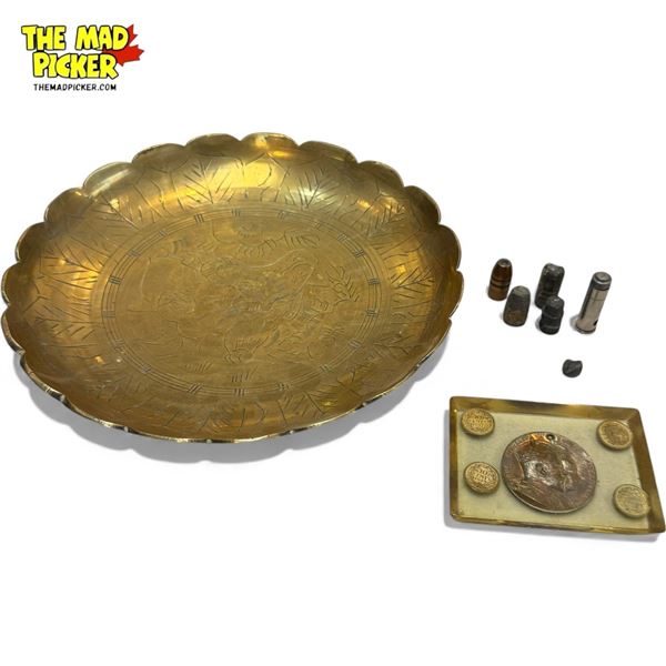 Footed Brass Bowl With Bullet Leads & Resin Coin Paperweight