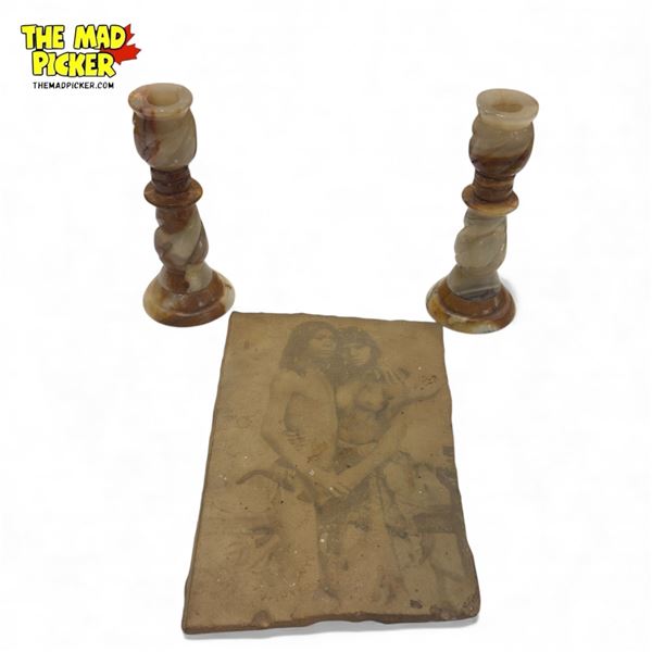 Pair Of Carved Alabaster Candlestick Holders