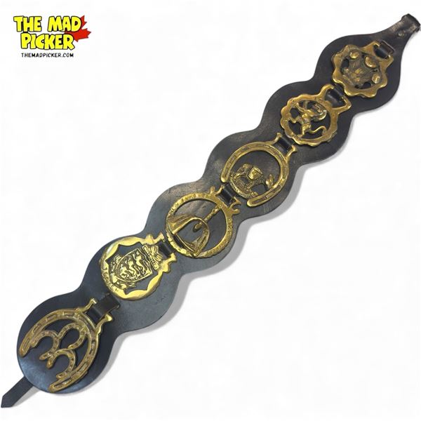 5 Vintage Horse Brasses On Leather Strip