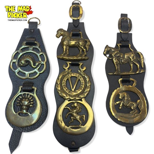 7 Vintage Horse Brasses On Leather Strips