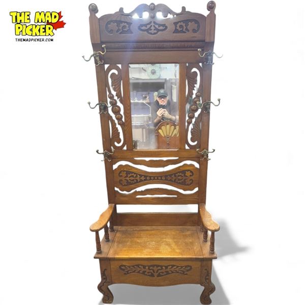 Vintage Carved Storage Hall Rack With Bevelled Mirror & Brass Coat Hangs