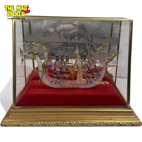 Glass Asian Dragon Boat Diorama In Glass Case