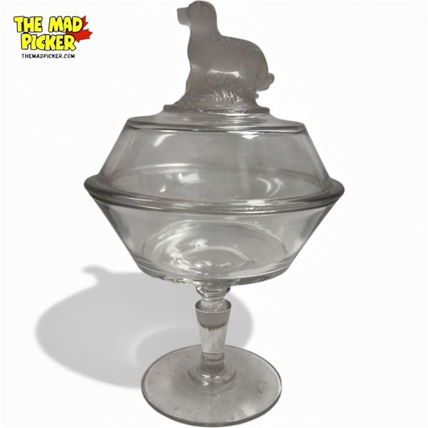 Vintage Glass Pedestal Lidded Candy Dish With Frosted Glass Dog Topper