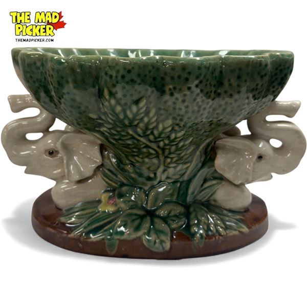 Vintage Porcelain Centerpiece Bowl With Floral Motif & Elephant Handles