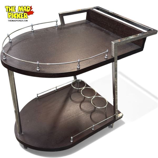 Vintage Chrome & Wood Boat Shaped Rolling Caddy